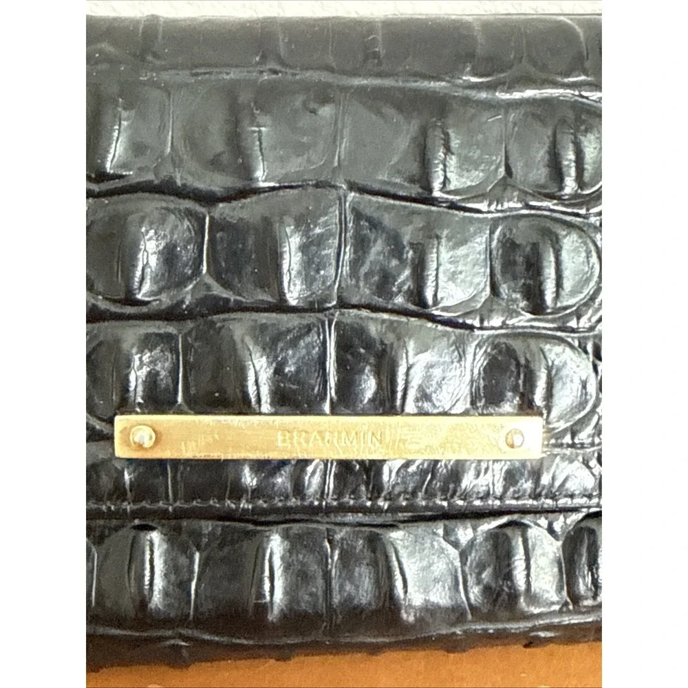 Brahmin Black Melbourne Tri Fold Wallet Croc Embossed Leather Pre-Owned